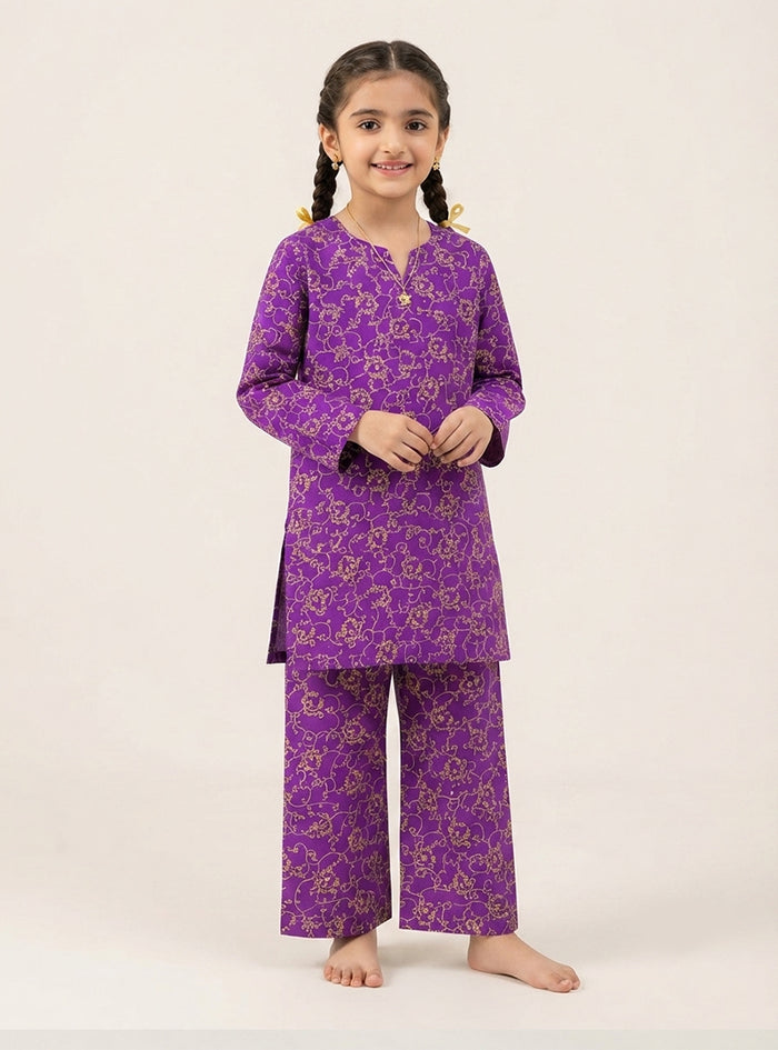 Girls Purple Printed Kurti Set