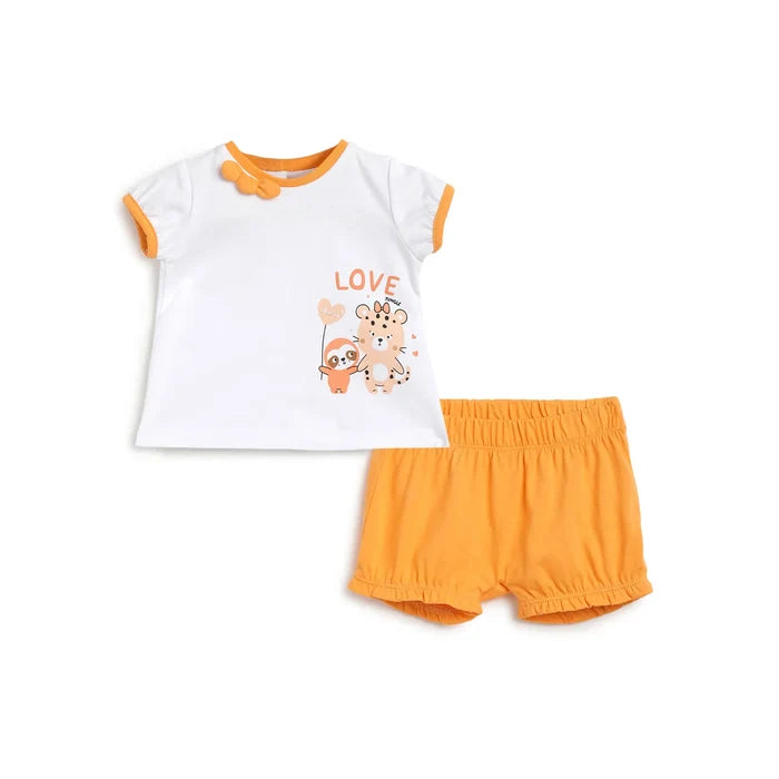 Girls White & Orange Printed T-shirt with Shorts