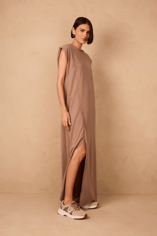 Grey Mirante Padded Shoulder Front Slit Maxi Dress_1