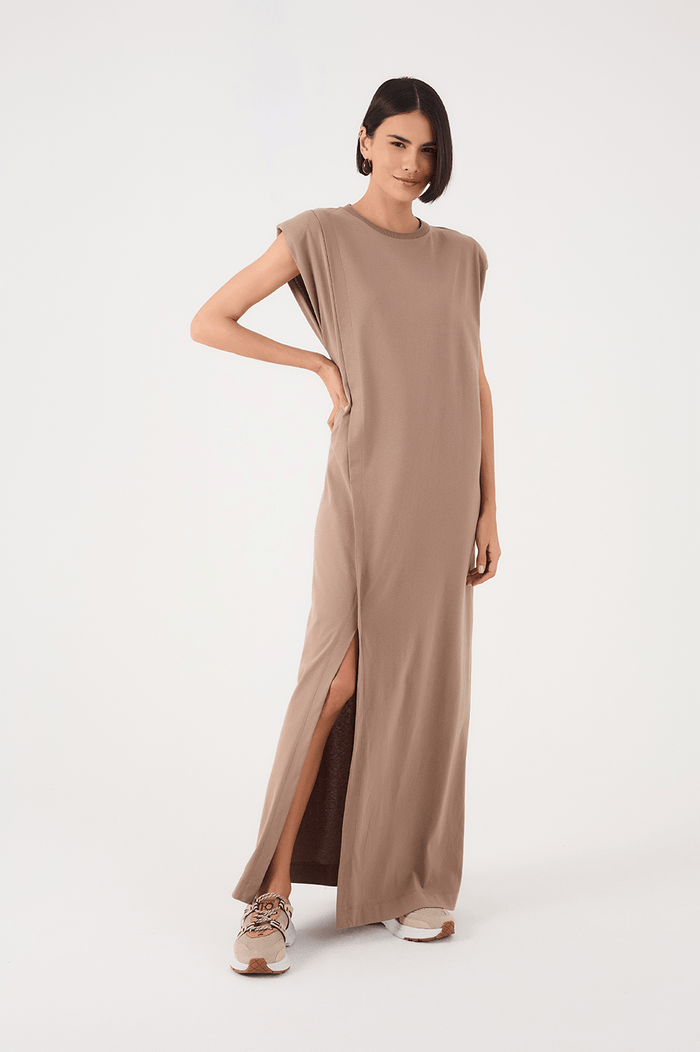 Grey Mirante Padded Shoulder Front Slit Maxi Dress_2