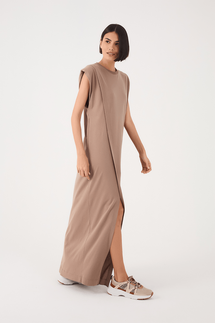 Grey Mirante Padded Shoulder Front Slit Maxi Dress_3