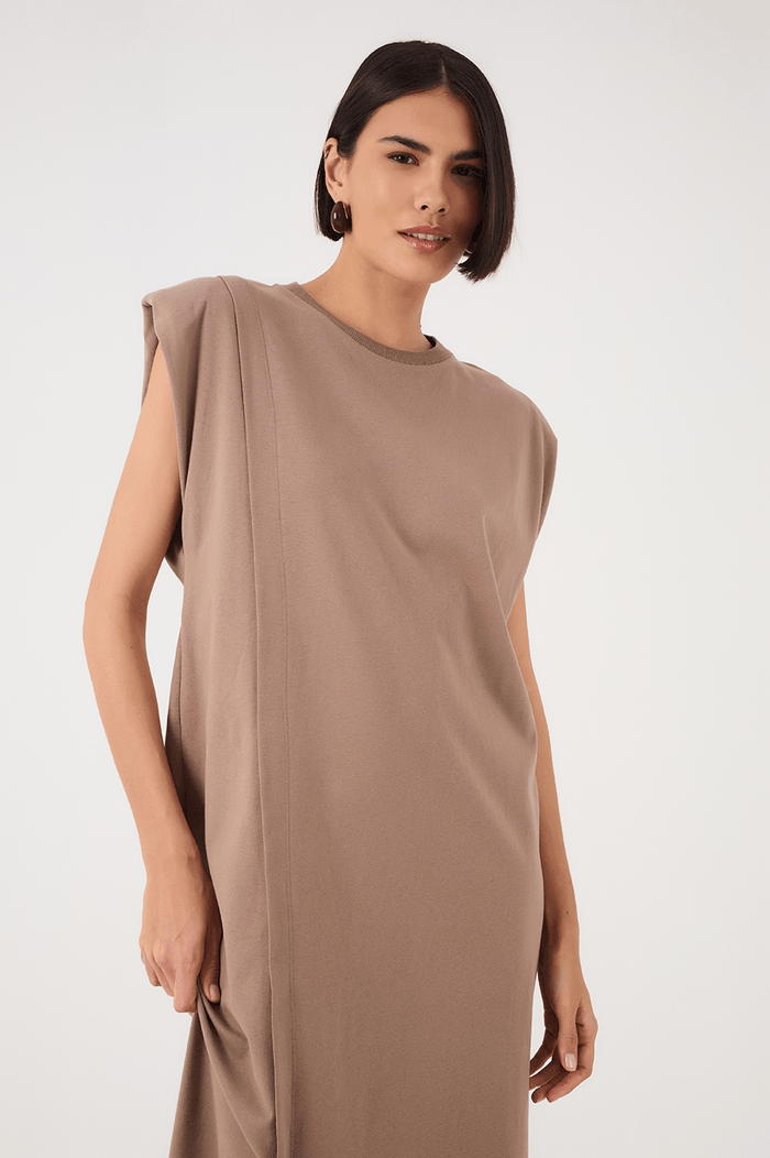Grey Mirante Padded Shoulder Front Slit Maxi Dress_4
