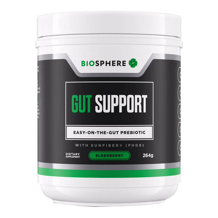 A white plastic tub of Biosphere Gut Support prebiotic supplement with a black, white, and green label, shown on a plain white background.