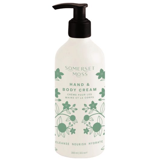 Bottle of Hand & Body Cream | Somerset Moss with green floral design and black pump dispenser, promoting skincare, hydration, and nourishment for hands and body.