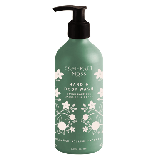 Hand & Body Wash | Somerset Moss in a green bottle with floral design, featuring a black pump for easy dispensing, promoting cleansing, nourishment, and hydration for skincare.