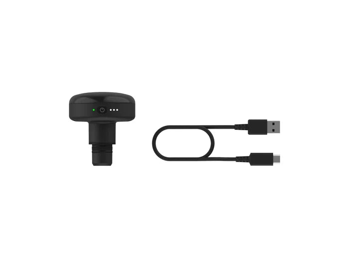 Heated Head Attachment | Hyperice in black with LED indicators next to a USB charging cable, designed for wellness and recovery use.