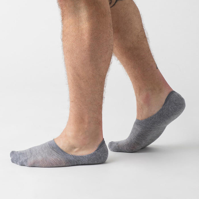 Heather Gray Never Show Socks worn, showcasing fit and seamless design.
