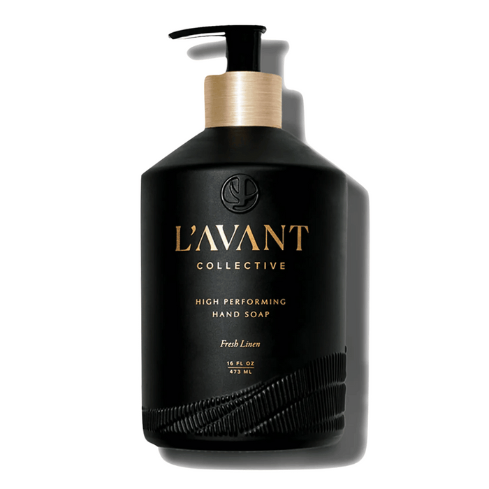 Black bottle of High Performing Hand Soap - Fresh Linen | L'AVANT Collective with a gold pump and elegant label design for skincare and body care wellness.