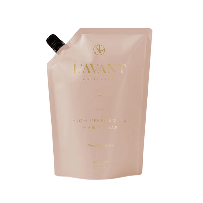 Refill pouch of High Performing Hand Soap Refills | L'AVANT Collective in soft pink packaging designed for skincare and body care wellness.