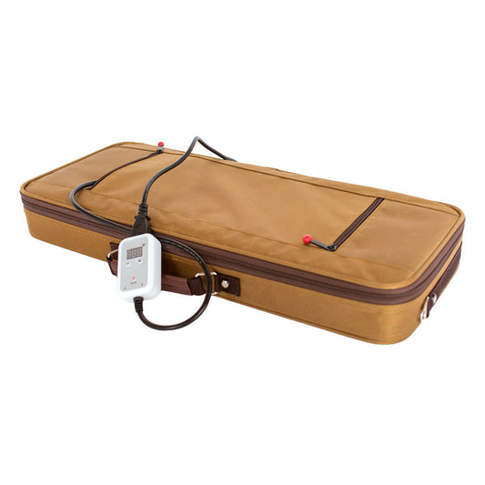 Large Hot Stone Heating Bag with digital controller; Canvas hot stone heating bag open with massage stones; Waterless massage stone heater for professional spa use; Large massage stone heating bag with removable liner; Digital temperature control for hot stone heater; Portable canvas hot stone heating bag; Massage stone heater on treatment cart; Large hot stone heating bag for massage therapy