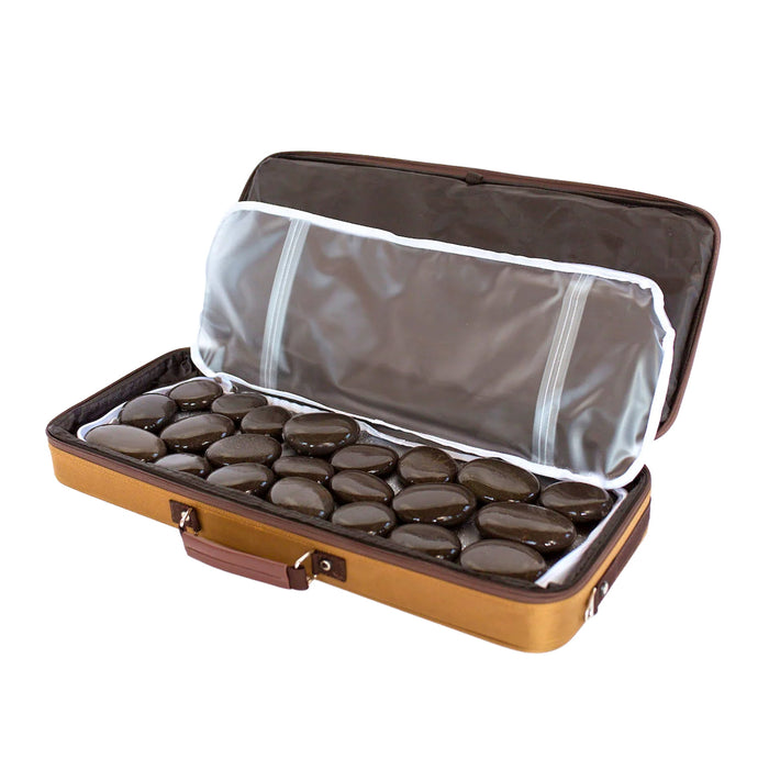 Large Hot Stone Heating Bag with digital controller; Canvas hot stone heating bag open with massage stones; Waterless massage stone heater for professional spa use; Large massage stone heating bag with removable liner; Digital temperature control for hot stone heater; Portable canvas hot stone heating bag; Massage stone heater on treatment cart; Large hot stone heating bag for massage therapy