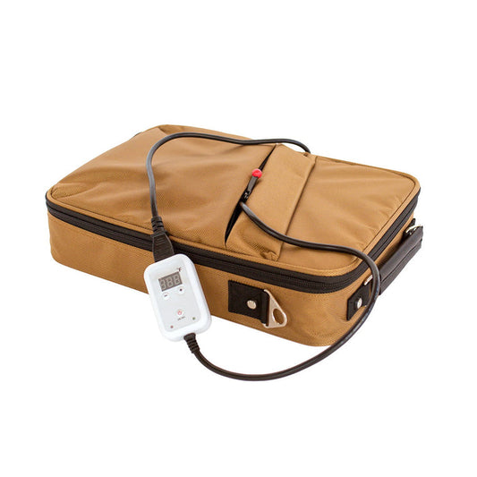 Small Hot Stone Heating Bag with digital temperature control; Canvas hot stone heating bag open with massage stones; Waterless massage stone heater for spa treatments; Removable clear liner inside hot stone heating bag; Compact hot stone heating bag on massage table; Digital controller for hot stone heating bag; Small canvas heater for massage stones; Hot stone heating bag with lid open