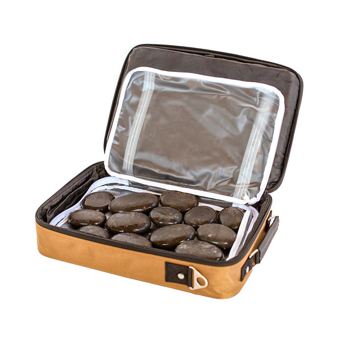 Small Hot Stone Heating Bag with digital temperature control; Canvas hot stone heating bag open with massage stones; Waterless massage stone heater for spa treatments; Removable clear liner inside hot stone heating bag; Compact hot stone heating bag on massage table; Digital controller for hot stone heating bag; Small canvas heater for massage stones; Hot stone heating bag with lid open