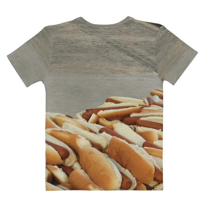 Hotdog Contest Cat Women's Tee - The juxtaposition of the stoic Grey Tabby against the vivid Sienna Red (#A0522D) sausage casings on a muted Weathered Concrete Grey (#8B8C7A) background, creating an instant recognition of "random" meme formatting.