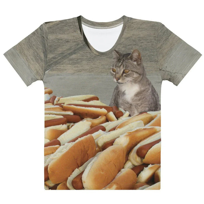 Hotdog Contest Cat Women's Tee in Savory Concrete Greige. OEKO-TEX® 100, REACH Compliant, Zero-Wastewater Printing.