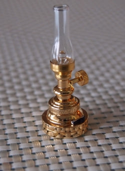 Hurricane Table Lamp in Brass with a Clear Shade (T5) Battery Operated