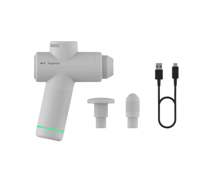 Hypervolt Go 2 | Hyperice massage device with two interchangeable heads and a USB charging cable, designed for body care and muscle recovery wellness.