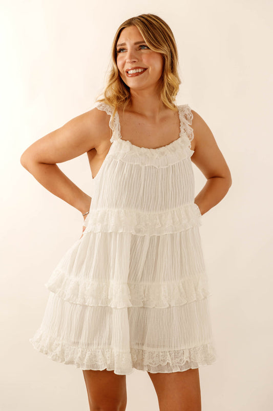 Sleeveless Ruffle Tiered Mini Dress- Women's White Ruffle Babydoll Dress- En Creme Dress