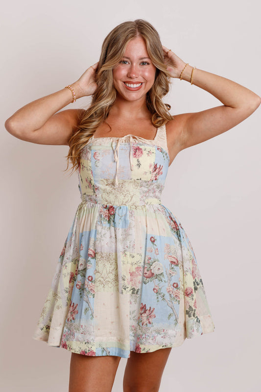 Floral Patchwork Print Ruched Shoulder Strap Mini Dress- Vintage Inspired Dresses- Mable Mini Dress