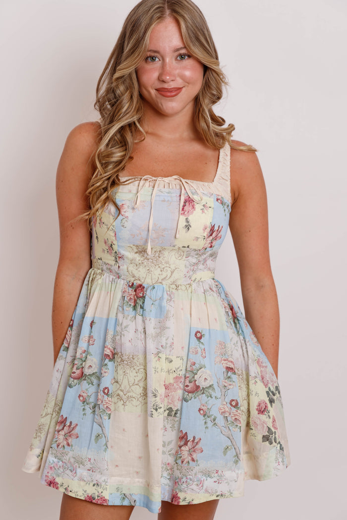 Floral Patchwork Print Ruched Shoulder Strap Mini Dress- Vintage Inspired Dresses- Mable Mini Dress