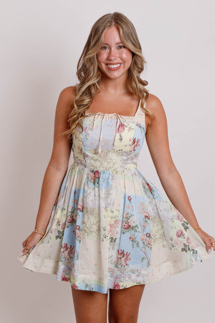 Floral Patchwork Print Ruched Shoulder Strap Mini Dress- Vintage Inspired Dresses- Mable Mini Dress