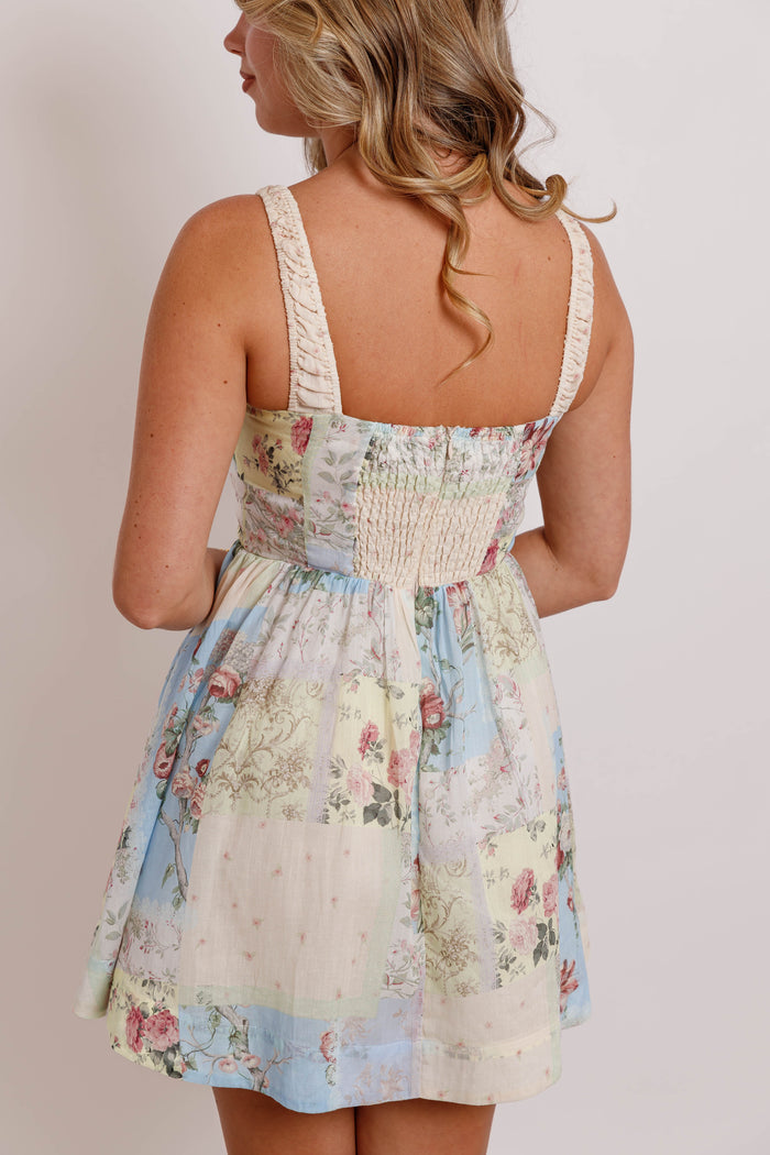 Floral Patchwork Print Ruched Shoulder Strap Mini Dress- Vintage Inspired Dresses- Mable Mini Dress