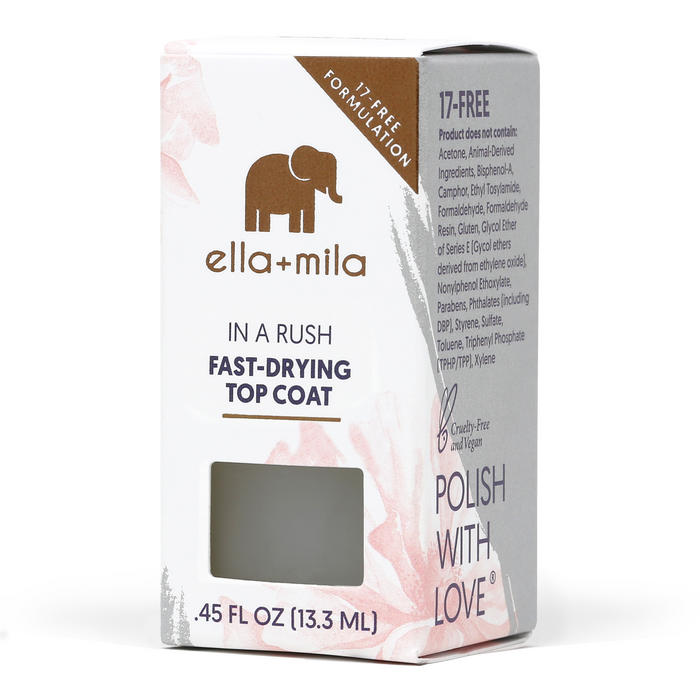 In a Rush fast-drying top coat with its retail box, 0.45 fl oz