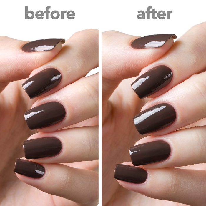 In a Rush glossy top coat before and after on dark brown nails