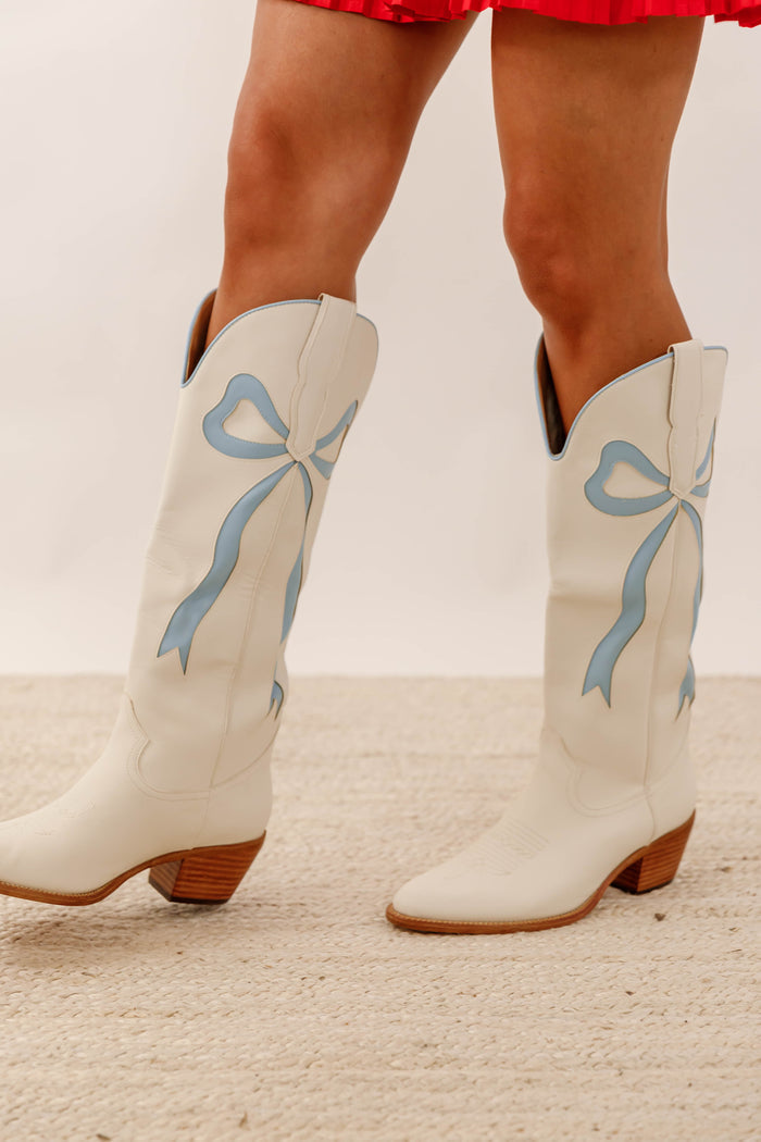 Bow Applique Western Cowboy Boots- Women's Blue Bow Boots- MiiM Boots