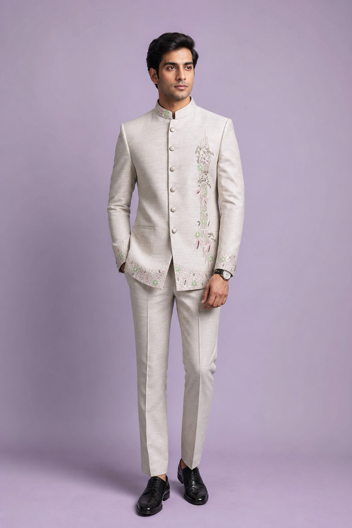 Ivory Beige Floral Embroidered Jodhpuri Suit for Men