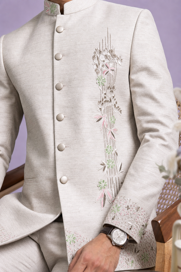 Ivory Beige Floral Embroidered Jodhpuri Suit for Men