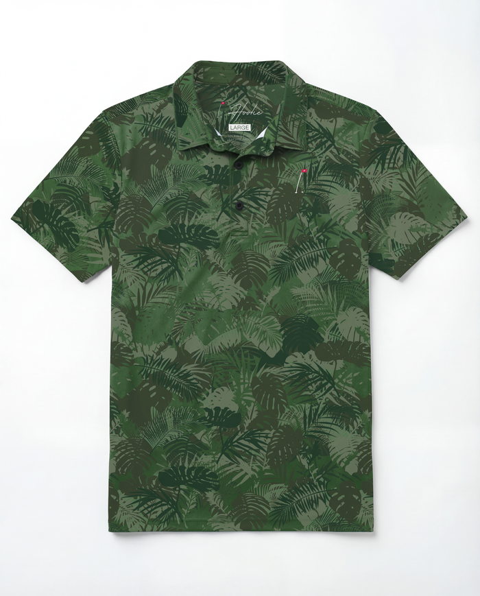 Performance Men's Golf Polo with Various Shades of Green Jungle Palm Fronds