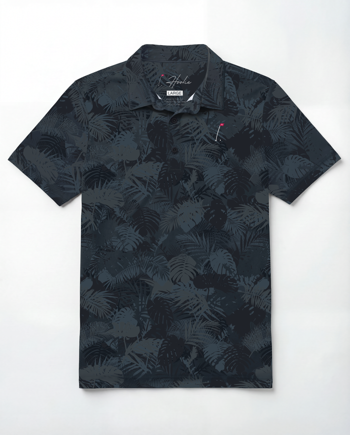 Performance Men's Golf Polo with Various Shades of Blue and Gray Jungle Palm Fronds