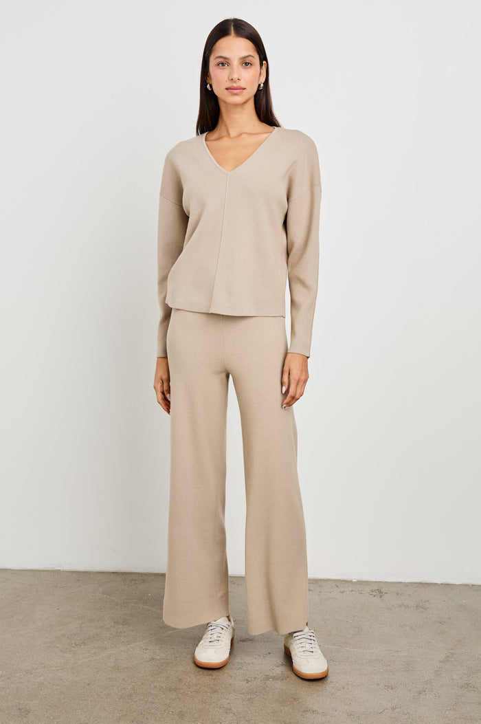 Krista Pants with an Elastic Waist in Oatmeal Colorway - Front Full Body View Featured on Model