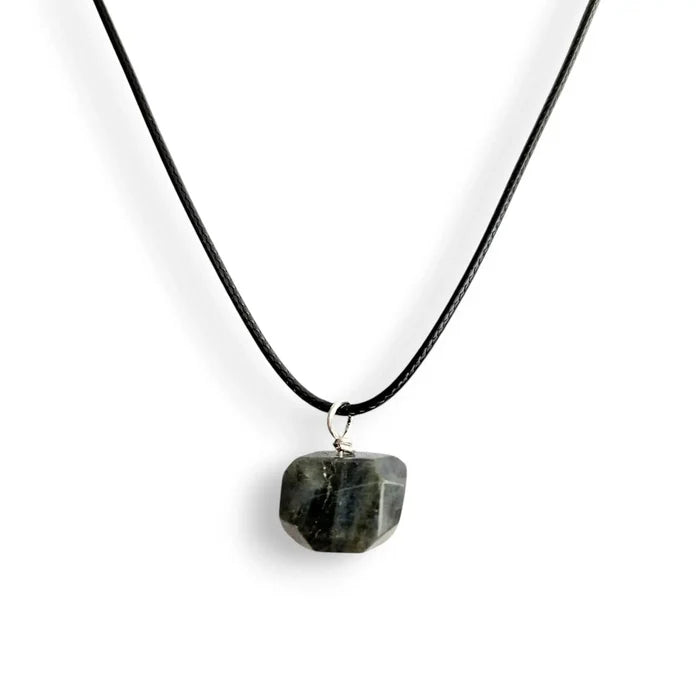 Labradorite necklace, faceted crystal on wax cord, view 2