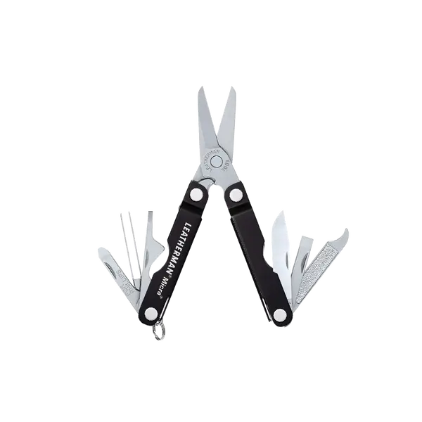 Leatherman Micra multitool i sort, med saks og kniv til hverdagsbrug.