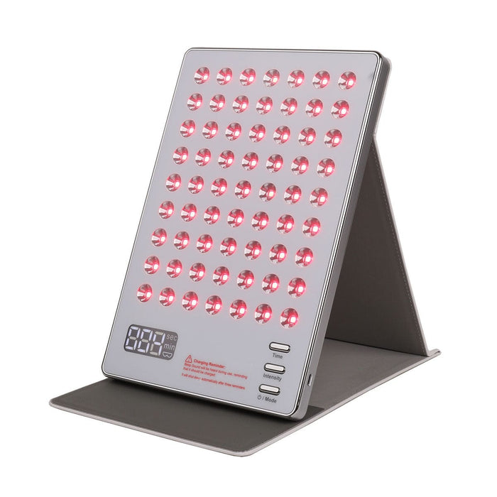 LED light therapy panel for face and body; rechargeable red blue and near-infrared light panel; LED skincare panel with protective eyewear; adjustable LED light therapy panel with timer; 63 LED face and body light panel; cordless skincare light panel with three intensity levels; LED therapy panel with protective cover; home LED light panel with four modes