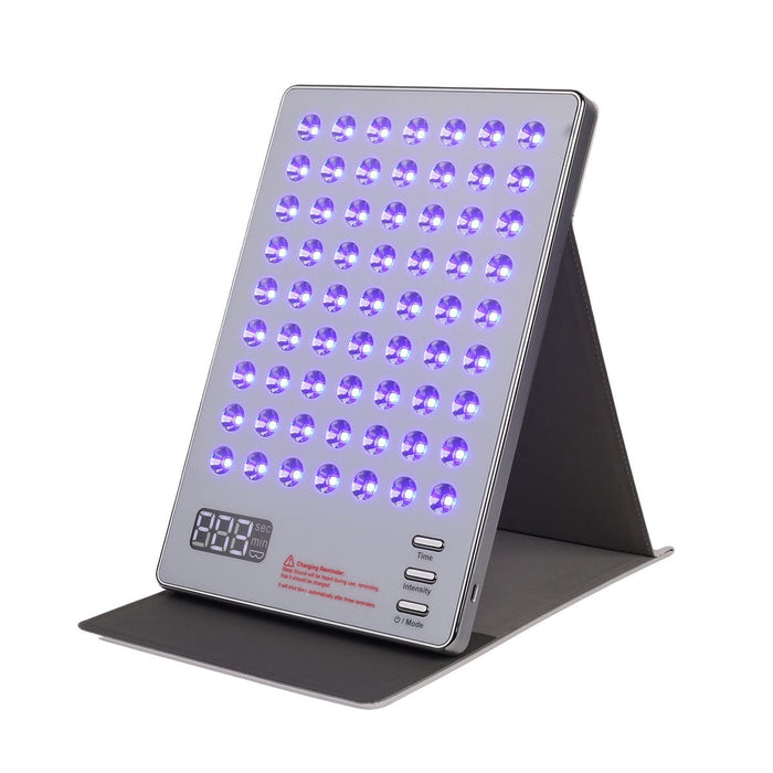 LED light therapy panel for face and body; rechargeable red blue and near-infrared light panel; LED skincare panel with protective eyewear; adjustable LED light therapy panel with timer; 63 LED face and body light panel; cordless skincare light panel with three intensity levels; LED therapy panel with protective cover; home LED light panel with four modes