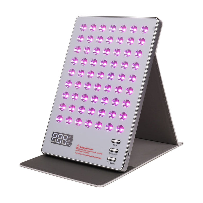 LED light therapy panel for face and body; rechargeable red blue and near-infrared light panel; LED skincare panel with protective eyewear; adjustable LED light therapy panel with timer; 63 LED face and body light panel; cordless skincare light panel with three intensity levels; LED therapy panel with protective cover; home LED light panel with four modes