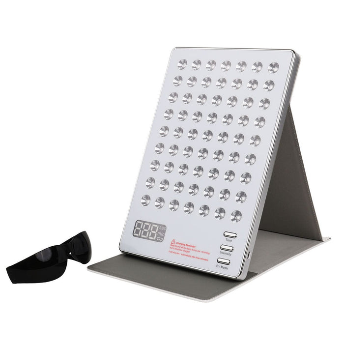LED light therapy panel for face and body; rechargeable red blue and near-infrared light panel; LED skincare panel with protective eyewear; adjustable LED light therapy panel with timer; 63 LED face and body light panel; cordless skincare light panel with three intensity levels; LED therapy panel with protective cover; home LED light panel with four modes