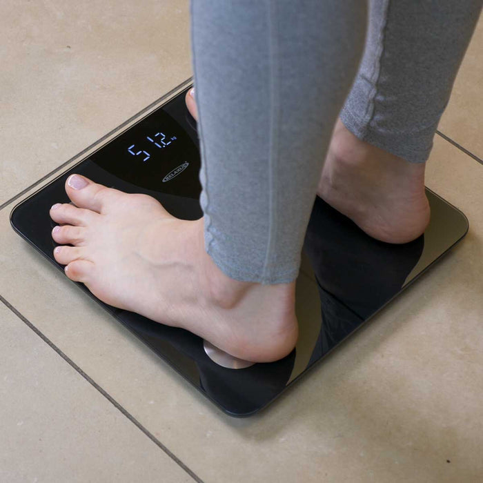 Life Balance body fat smart scale; Bluetooth body composition scale with LED display; tempered glass smart bathroom scale; smart scale with Moving Life app; digital body composition scale with multiple user profiles; Life Balance scale with 400 pound capacity