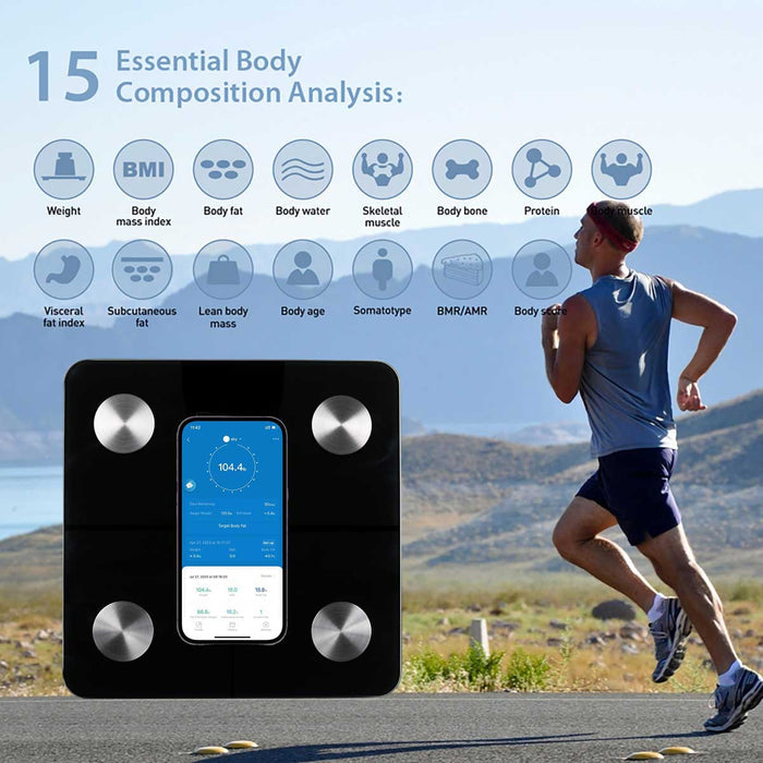 Life Balance body fat smart scale; Bluetooth body composition scale with LED display; tempered glass smart bathroom scale; smart scale with Moving Life app; digital body composition scale with multiple user profiles; Life Balance scale with 400 pound capacity
