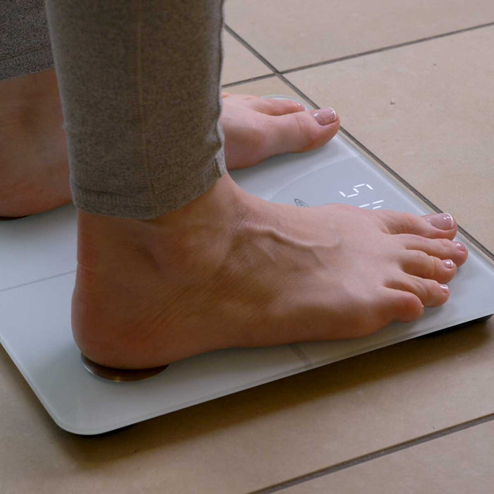 Life Balance body fat smart scale; Bluetooth body composition scale with LED display; tempered glass smart bathroom scale; smart scale with Moving Life app; digital body composition scale with multiple user profiles; Life Balance scale with 400 pound capacity
