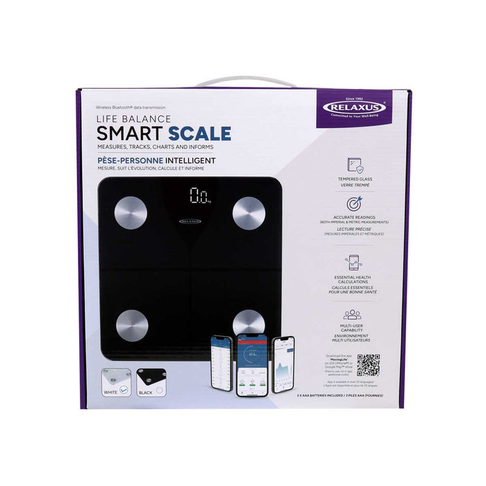 Life Balance body fat smart scale; Bluetooth body composition scale with LED display; tempered glass smart bathroom scale; smart scale with Moving Life app; digital body composition scale with multiple user profiles; Life Balance scale with 400 pound capacity