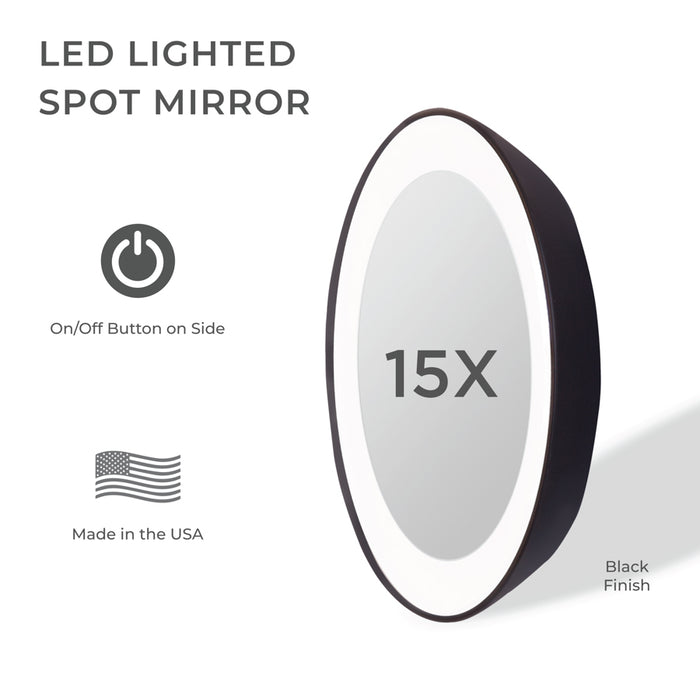 Zadro LED15X 705004419499 product photo side view with specs, lighted compact mirror with magnification & suction cups in front of a white background