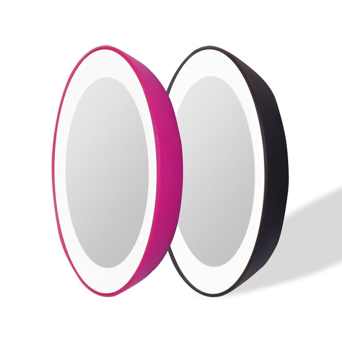 Zadro LED10X 705004419604 product photo side view with color variants, lighted compact mirror with magnification & suction cups in front of a white background