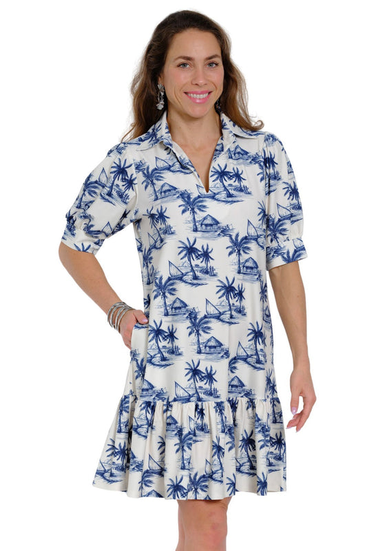 Palm print tropical shift dress for women in blue and white resort style