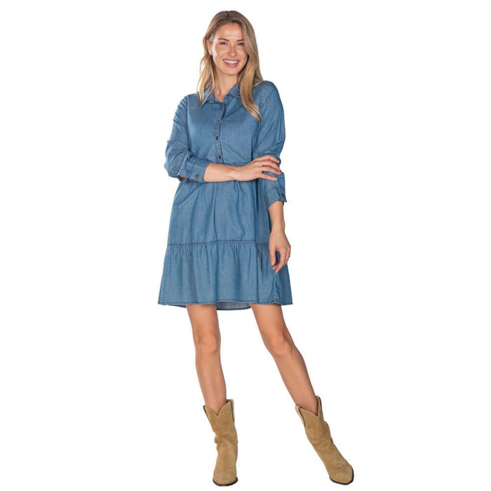 Long Sleeve Denim Tiered Dress