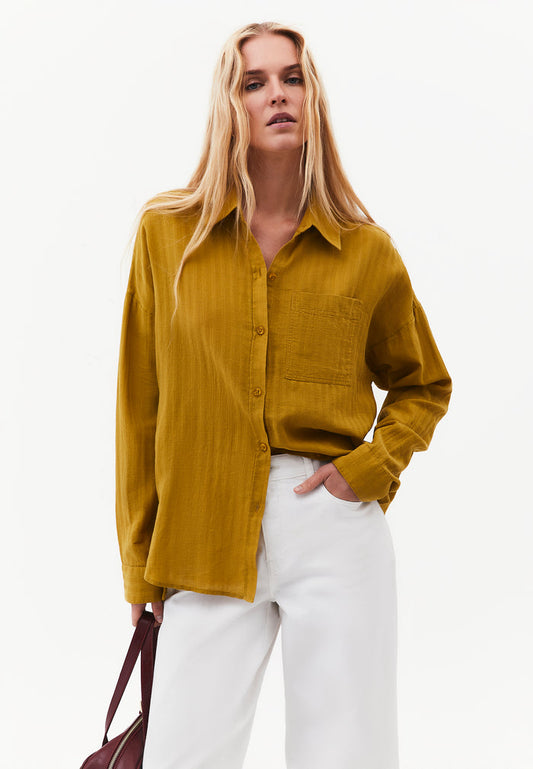 Long Sleeve Oversized Woven Shirt - AMBER GREEN
