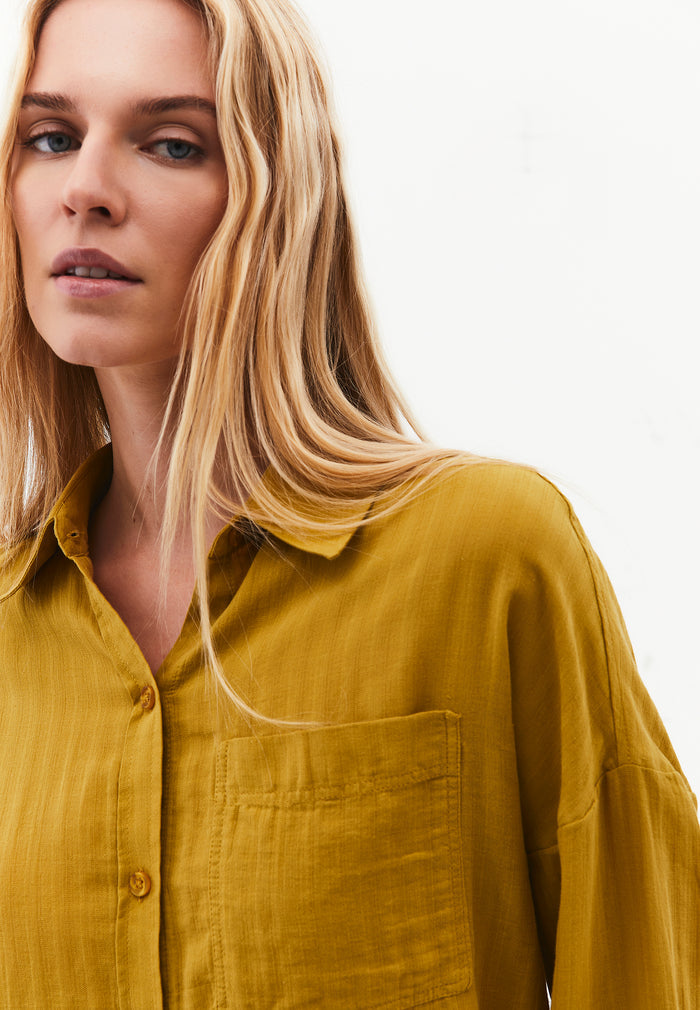 Long Sleeve Oversized Woven Shirt - AMBER GREEN